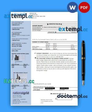 sample New York National Grid business utility bill, Word and PDF template download
