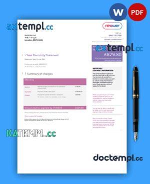 sample Npower business utility bill, version 2 template, Word and PDF template download