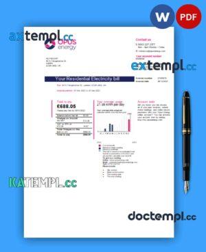 sample Opus Energy electricity utility business bill, Word and PDF template, 2 pages download