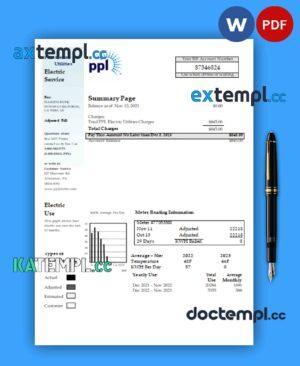 sample PPL business utility bill, Word and PDF template download