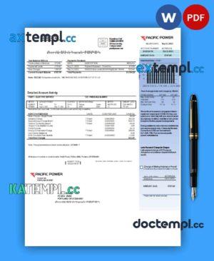 sample Pacific Power business utility bill, Word and PDF template, 2 pages download