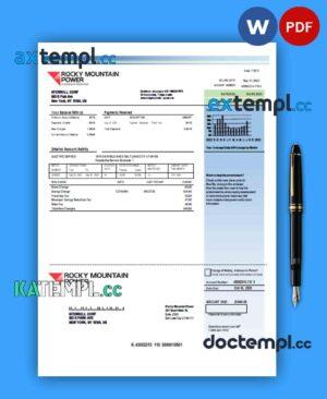 sample Rocky Mountain Power electricity business utility bill, Word and PDF template download