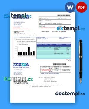 sample SCBWA water business utility bill, Word and PDF template download