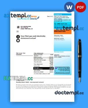 sample Sainsbury- Energy (British Gas) business utility bill, Word and PDF template, 3 pages download