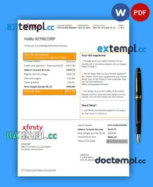 sample San Francisco Xfinity Comcast business utility bill, PDF and WORD template, 2 pages download