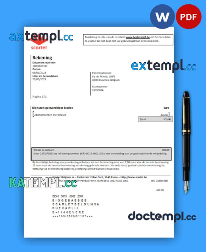 sample Scarlet telecommunications business utility bill, PDF and WORD template download