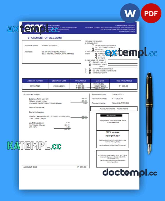 sample Sky Cable Corporation business utility bill, PDF and WORD template download