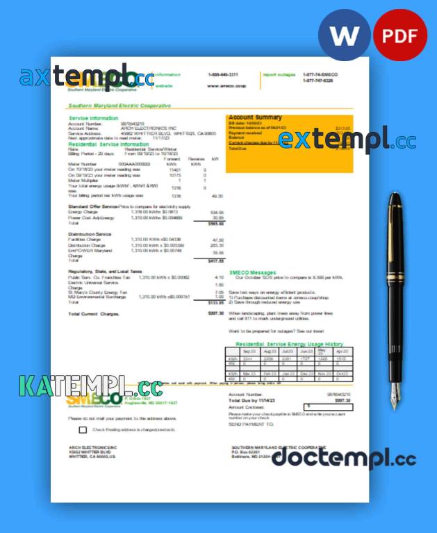sample Southern Maryland Electric Cooperative - SMECO utility business bill, Word and PDF template download