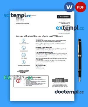 sample TV Licensing business utility bill, PDF and WORD template download