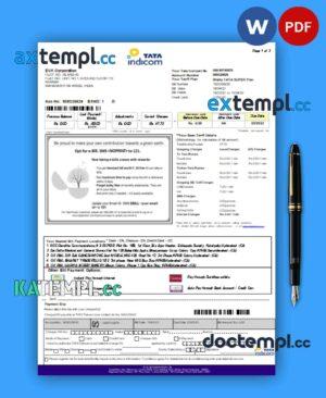 sample Tata Indicom mobile business utility bill, Word and PDF template, 2 pages download