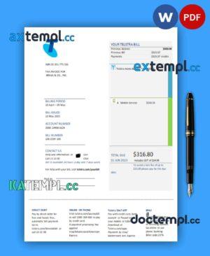 sample Telstra Group Limited telecommunications business utility bill, PDF and WORD template download