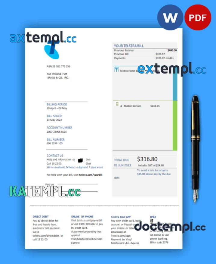 sample Telstra Group Limited telecommunications business utility bill, PDF and WORD template download