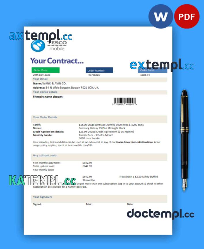 sample Tesco Mobile business utility bill, Word and PDF template, 2 pages download