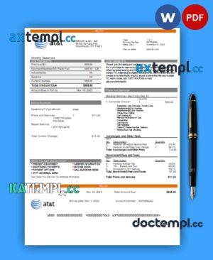 sample Texas AT&T telecommunications business utility bill, Word and PDF template download