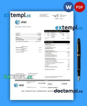 sample Texas AT&T telecommunications business utility bill, Word and PDF template, 2 pages download