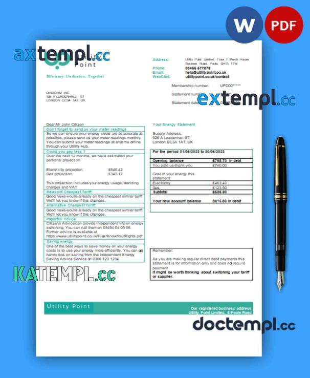 sample Utility Point business utility bill, Word and PDF template download