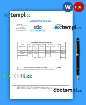 sample Uzbekneftegaz business utility bill, PDF and WORD template download