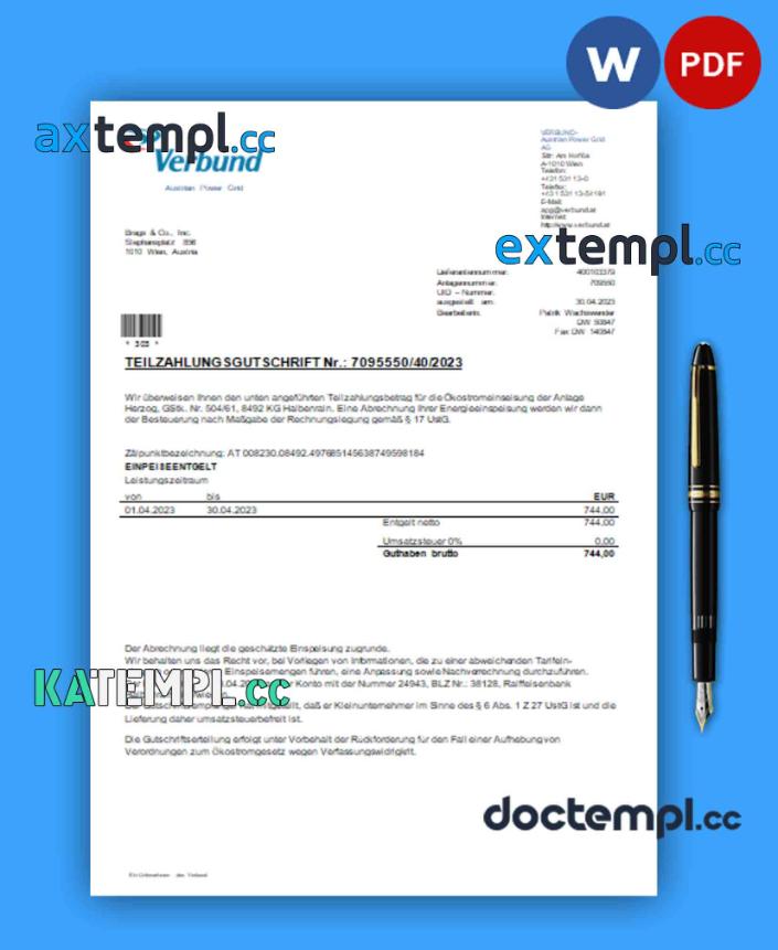 sample Verbund Austrian Power Grid business utility bill, Word and PDF template download