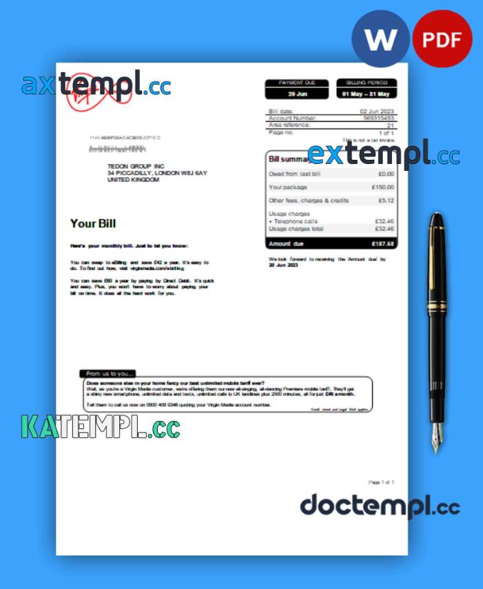 sample Virgin Media business utility bill, Word and PDF template download