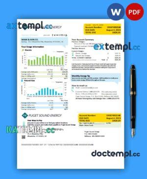 sample Washington Puget Sound Energy utility business bill, Word and PDF template download