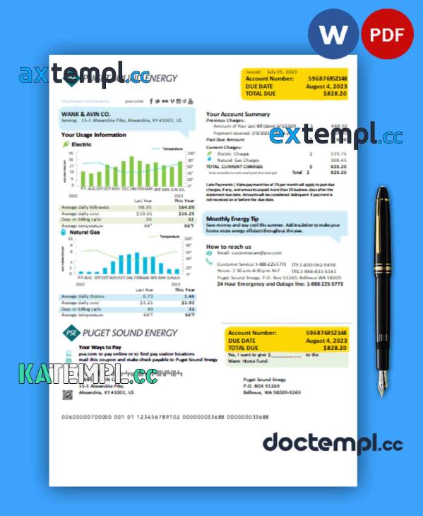 sample Washington Puget Sound Energy utility business bill, Word and PDF template download