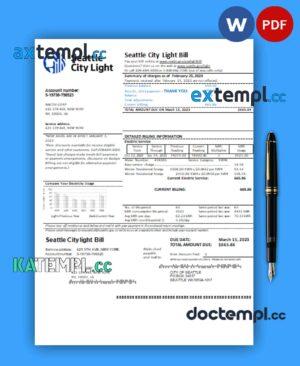 sample Washington Seattle City Light business utility bill, PDF and WORD template download