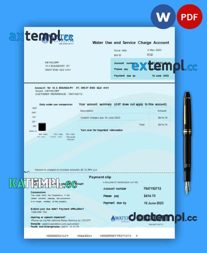 sample Water Corporation WA business utility bill, Word and PDF template download