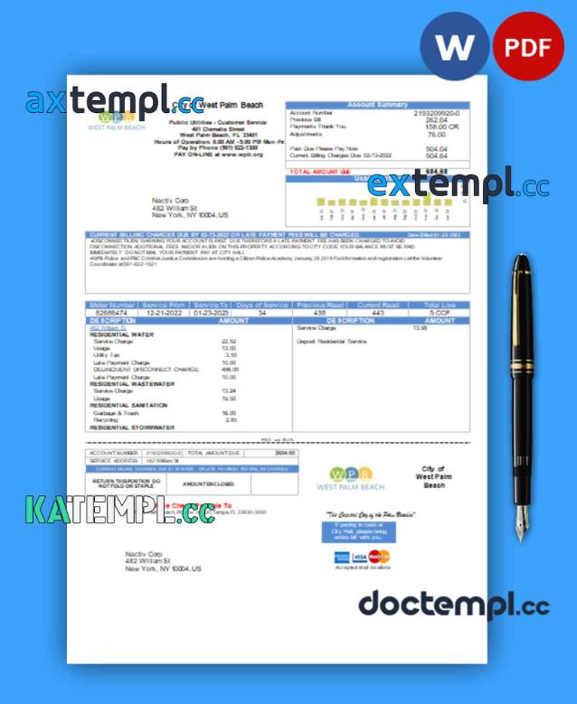 sample West Palm Beach Pub Utilities utility bill, Word and PDF template download