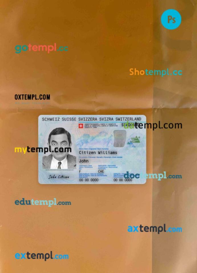 Switzerland ID card editable PSD files, scan and photo taken image, 2 in 1