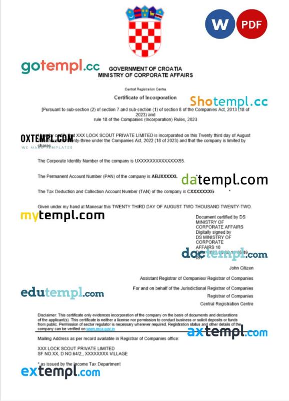 Croatia business registration certificate Word and PDF template