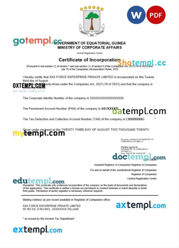 Equatorial Guinea business registration certificate Word and PDF template