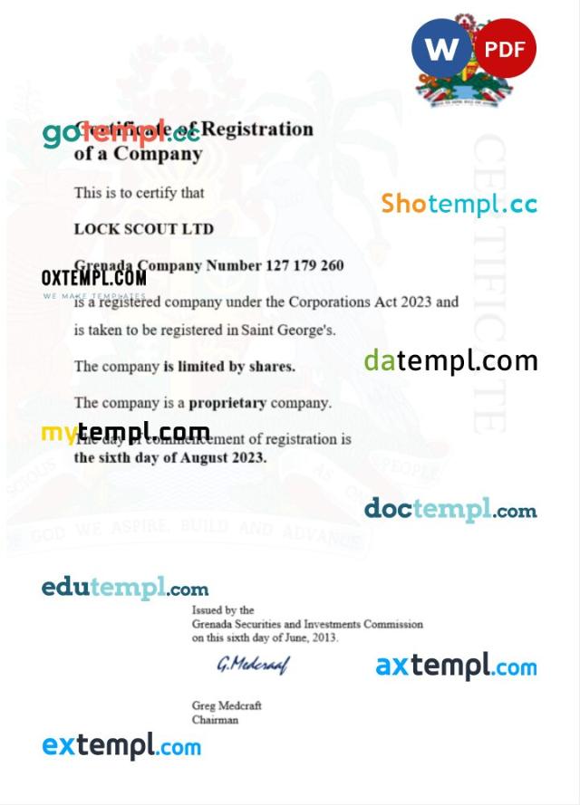 Grenada business registration certificate Word and PDF template