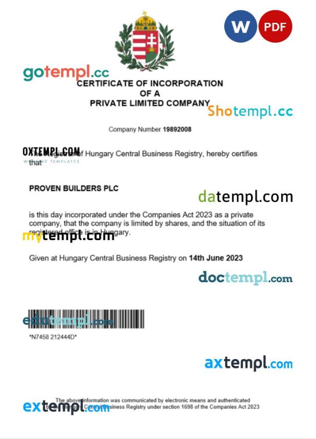 Hungary business registration certificate Word and PDF template