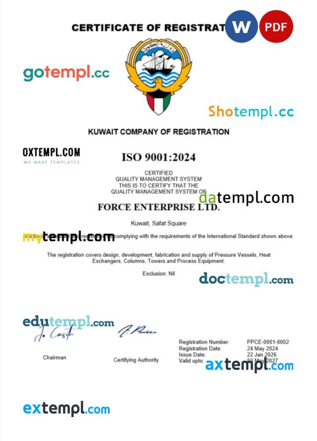 Kuwait business registration certificate Word and PDF template