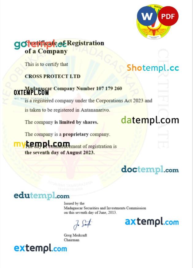 Madagascar business registration certificate Word and PDF template