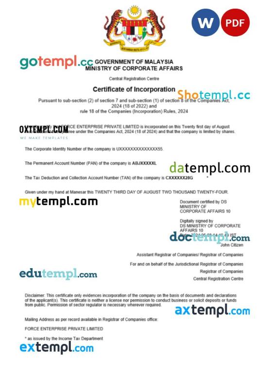 Malaysia business registration certificate Word and PDF template