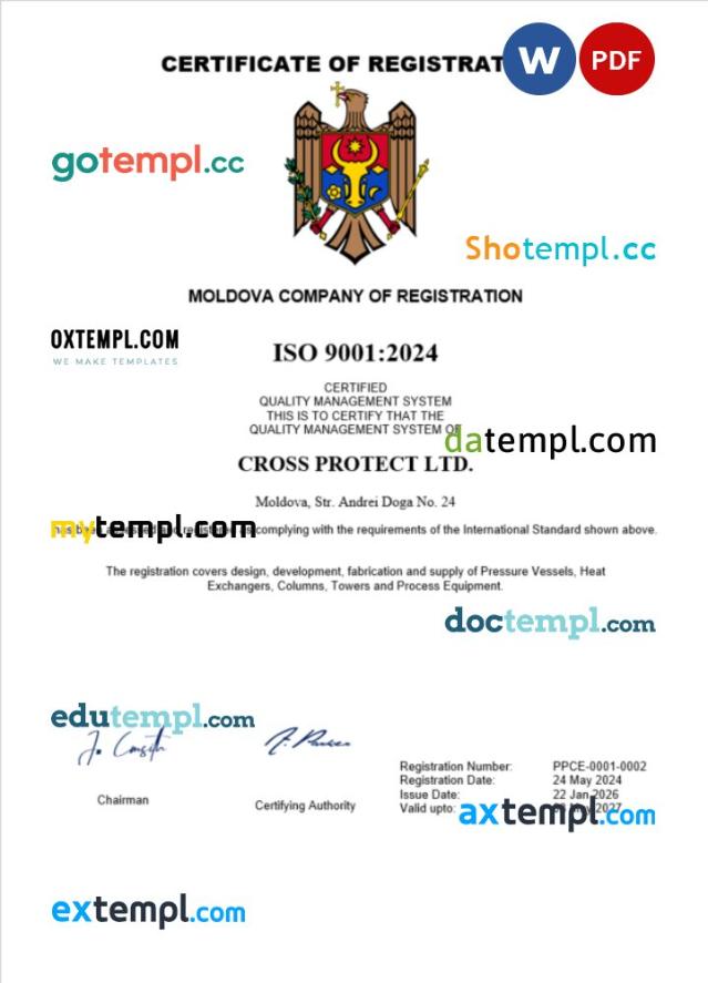 Moldova business registration certificate Word and PDF template