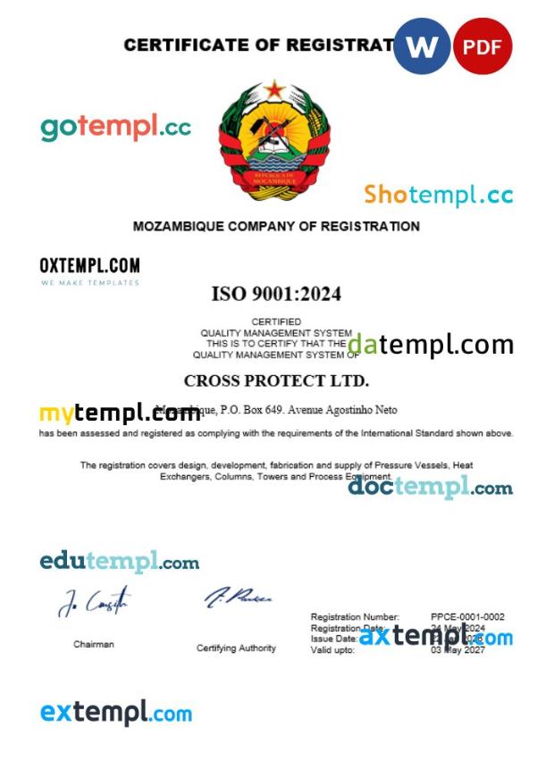 Mozambique company registration certificate Word and PDF template