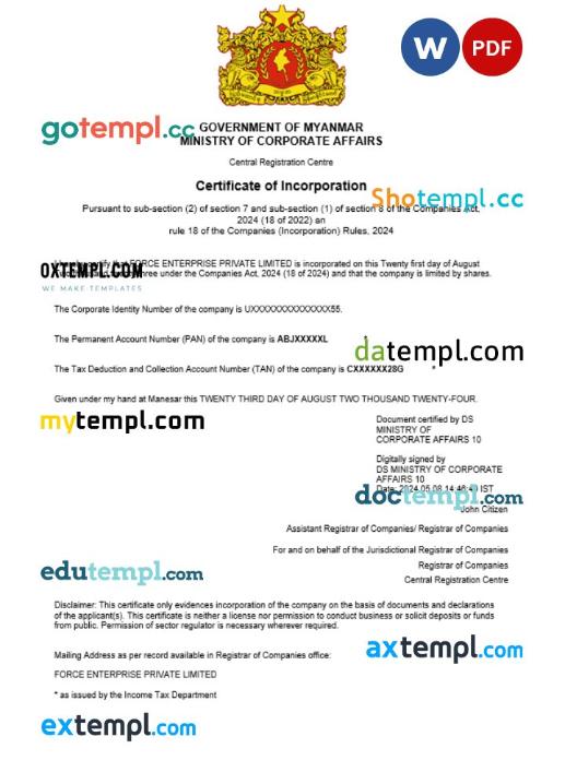 Myanmar business registration certificate Word and PDF template