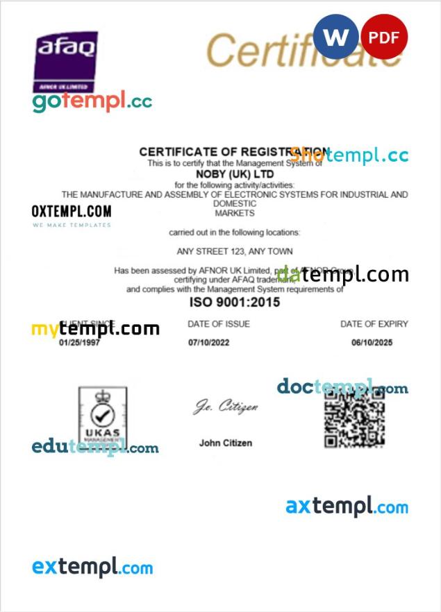 UK Noby Ltd certificate of business registration Word and PDF template