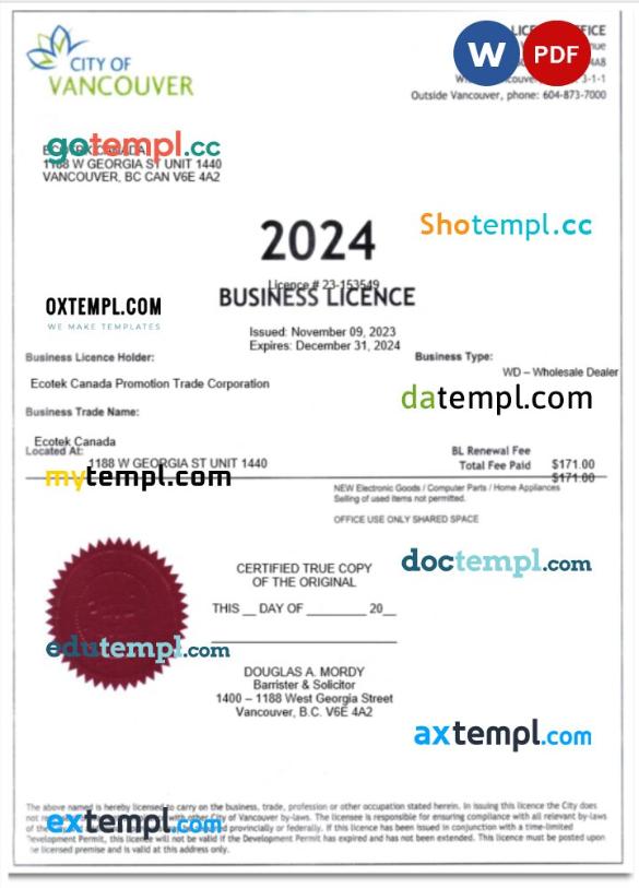 USA City of Vancouver certificate of business licence Word and PDF template