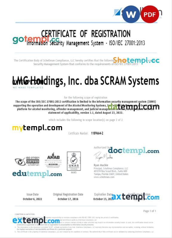 USA LMG certificate of registration Word and PDF template