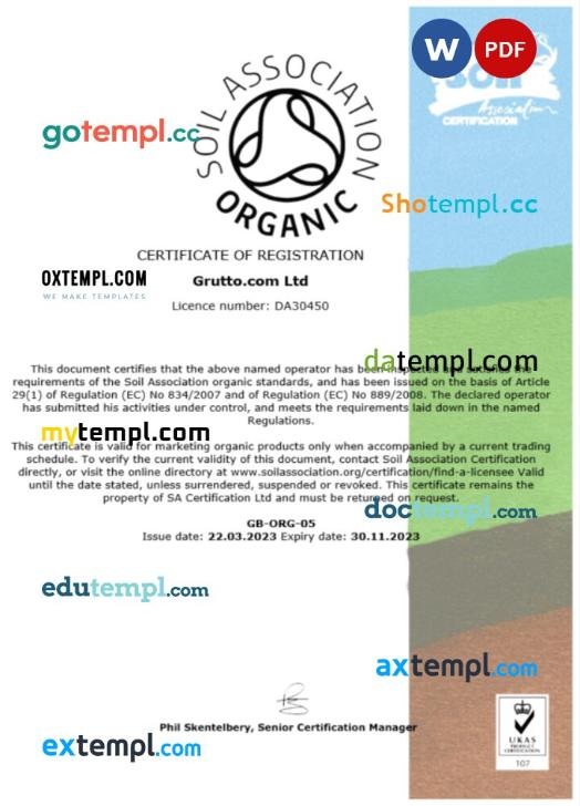 USA Soil Association certificate of registration Word and PDF template