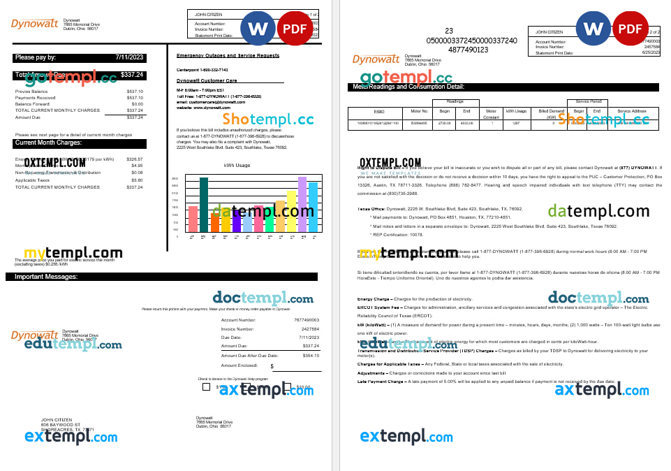 New York Dynowatt electricity utility bill Word and PDF formats, 2 pages