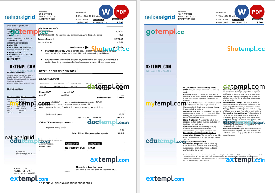 USA Nationalgrid electric utility bill Word and PDF formats, 2 pages