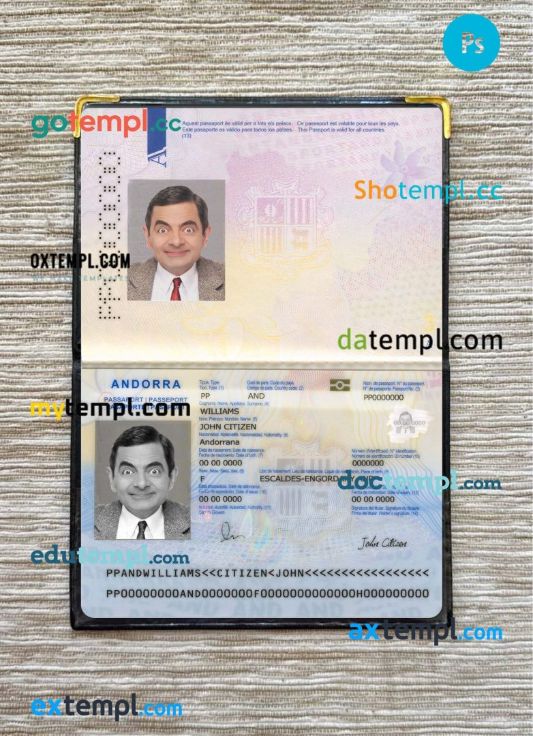 Andorra passport PSD files, editable scan and photo-realistic look sample, 2 in 1