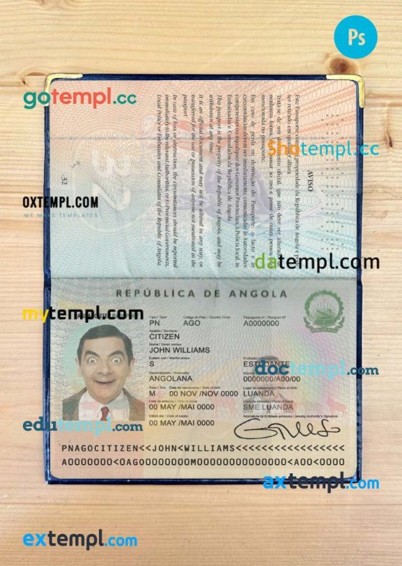 Angola passport editable PSD files, scan and photo look templates, 2 in 1