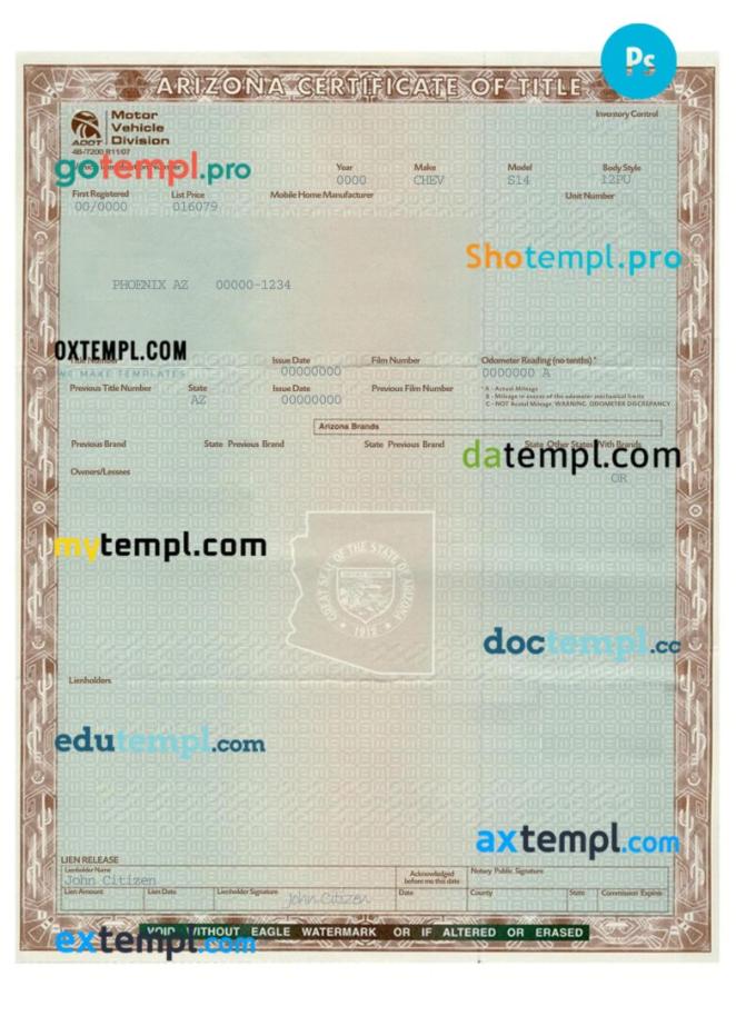 Arizona certificate of title of a vehicle (car title) template in PSD format, fully editable, front and back