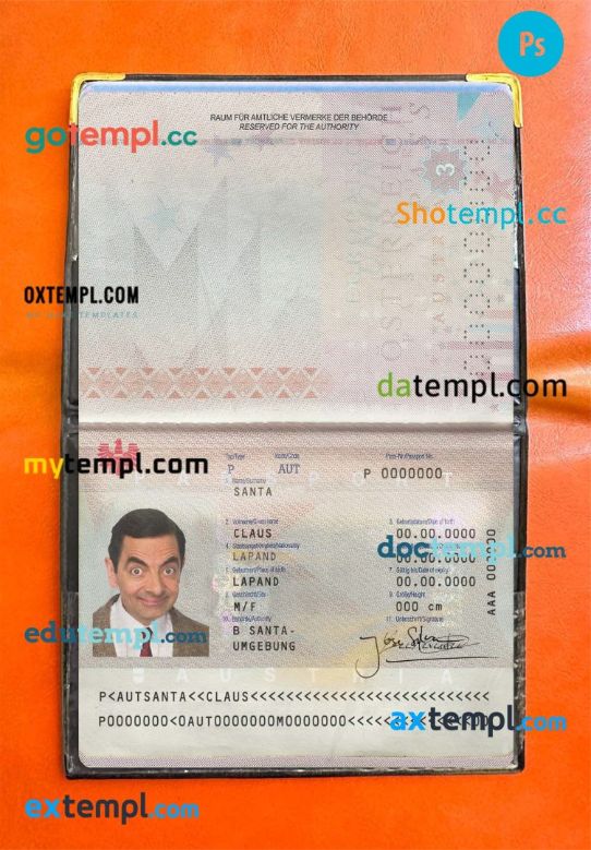 Austria passport PSD files, scan and photo look templates, 2 in 1