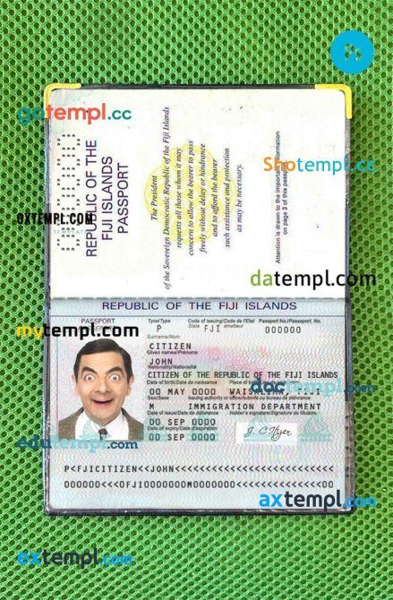 Fiji passport editable PSD files, scan and photo look templates, 2 in 1